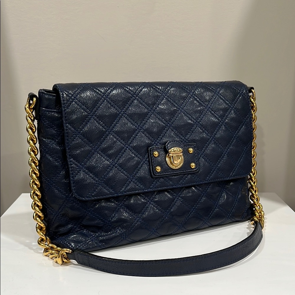 Luxurious Blue and Gold Quilted Shoulder Bag
